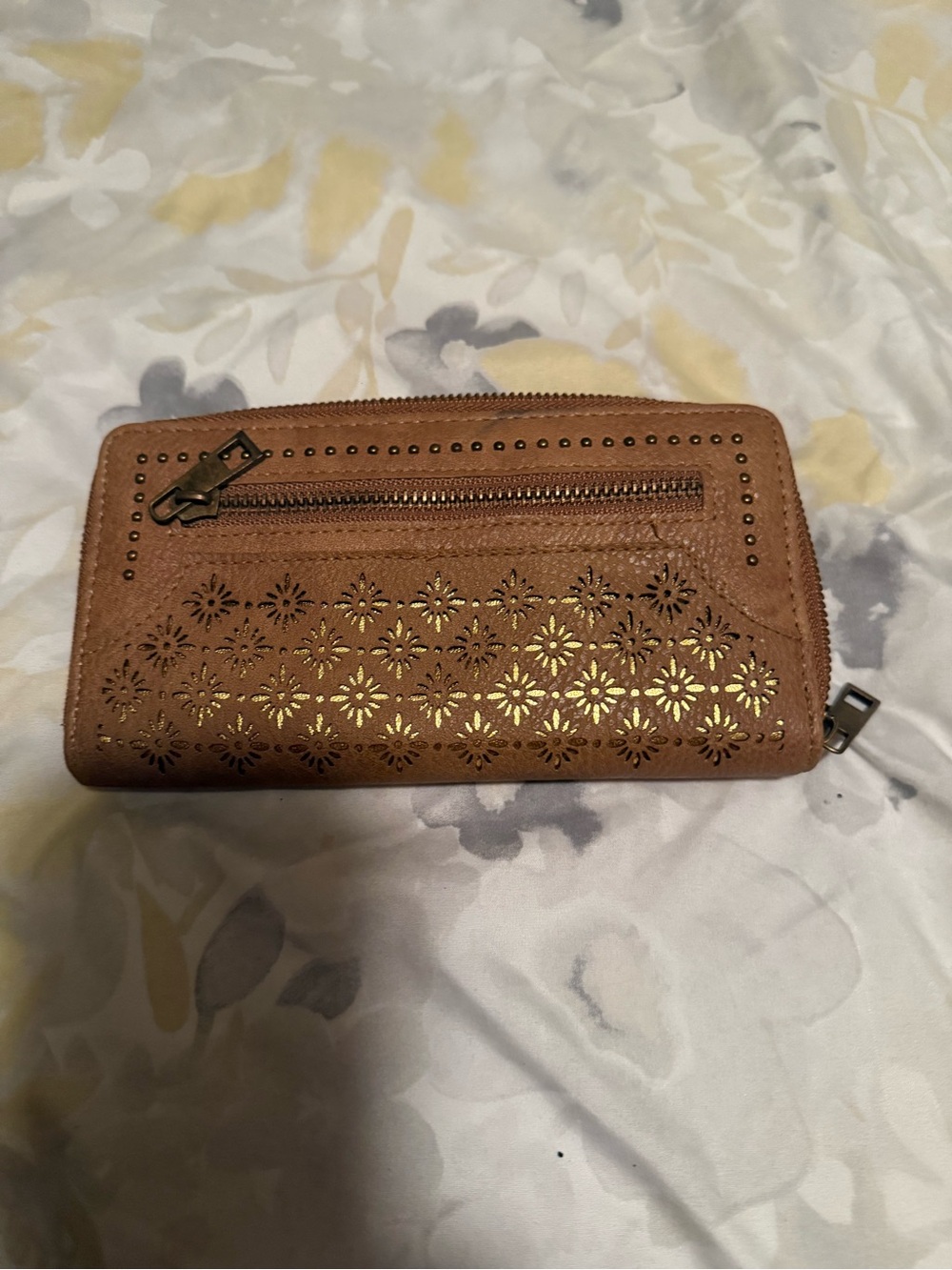 Source Unknown Brown Laser-Cut Zip-Around Wallet with Gold Accents